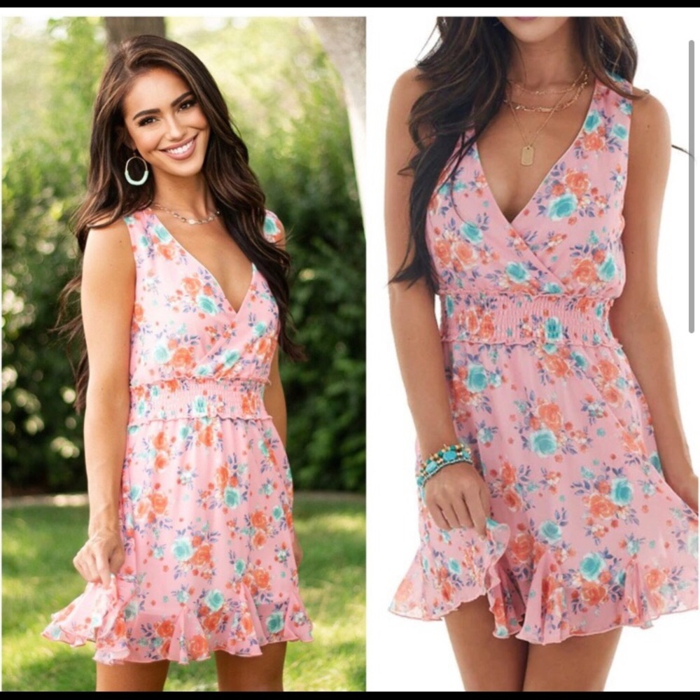 Pink floral surplice women’s summer cute pretty mini dress - Picture 2 of 3